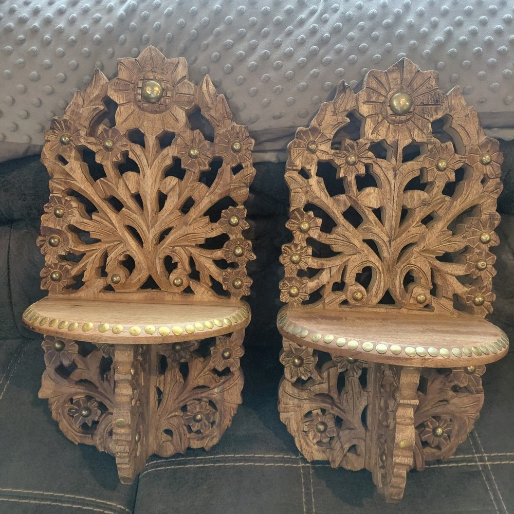 2 Hand Carved Wood Floral Wall Shelves Brass Stud Accents India Boho Glam Brown